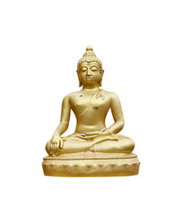 Vintage sitting Buddha image gold statue on yellow lotus in thai temple isolated on white background , clipping path	