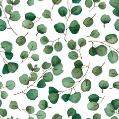 Fototapeta na wymiar Green twigs and leaves. Watercolor illustration. Seamless pattern