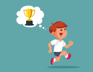 Competitive Boy Running Thinking about Winning a Trophy Vector Cartoon. Little child feeling motivated by overachieving racing for first place
