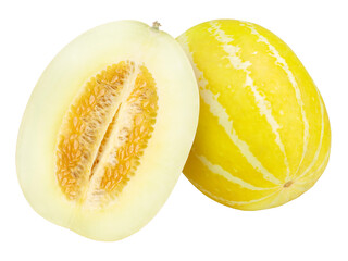 Orange Melon isolated on white background, Oriental melon, Yellow Korean Melon on white PNG file.