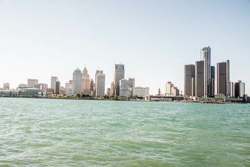 View of the skyline of Downtown Detroit, Michigan from across the Detroit river at the Windsor,...