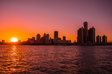View of the skyline of Downtown Detroit, Michigan from across the Detroit river at the Windsor,...