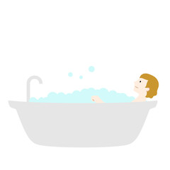 バスタブで入浴する女性のイラスト（白背景・ベクター・切り抜き）
