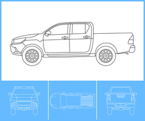 Pick up car template. Transportation outline stroke template. Blue print layout. Fit for warp sticker, air brush, vinyls, recolor project. Vector eps 10.