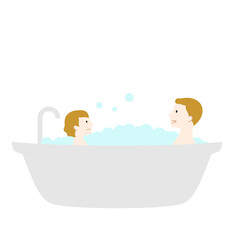 バスタブで入浴する親子のイラスト（白背景・ベクター・切り抜き）