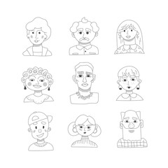 Set of line portraits. Hand draw avatars. Various vector characters