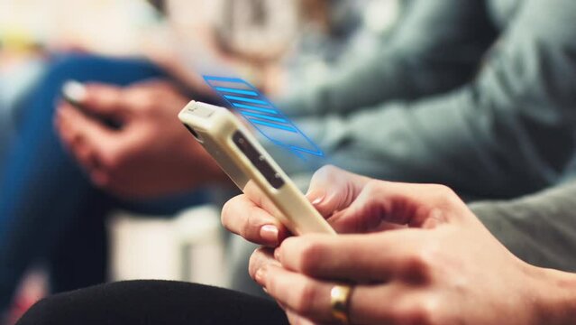 Conference, hands and phone hologram in business seminar with woman networking on social media, technology innovation. Big data, erp and online texting by people in audience of a business tradeshow