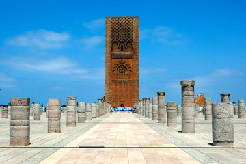 The magnificent Hassan Tower and stone columns at Rabat in Morocco. The tower is the incomplete red...