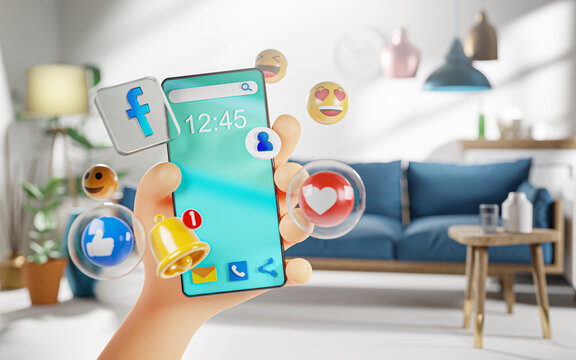 Cute Hand Holding Smart Phone Facebook Icons in Living Room Future Modern Life Concept 3D Render