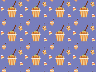 seamless pattern with cupcakes and candy halloween