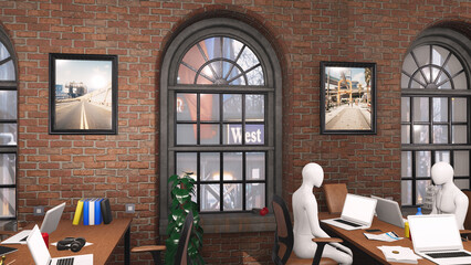 Fototapeta Work desk of a digital marketing development studio. 3d rendering obraz