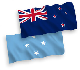 National vector fabric wave flags of Federated States of Micronesia and New Zealand isolated on white background. 1 to 2 proportion.