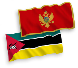National vector fabric wave flags of Republic of Mozambique and Montenegro isolated on white background. 1 to 2 proportion.