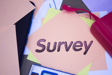 Survey. Text on adhesive note paper. Event, celebration reminder message.