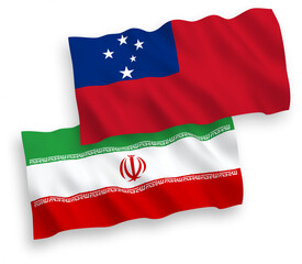 National vector fabric wave flags of Independent State of Samoa and Iran isolated on white background. 1 to 2 proportion.