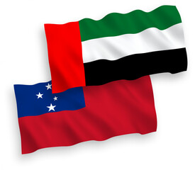National vector fabric wave flags of Independent State of Samoa and United Arab Emirates isolated on white background. 1 to 2 proportion.
