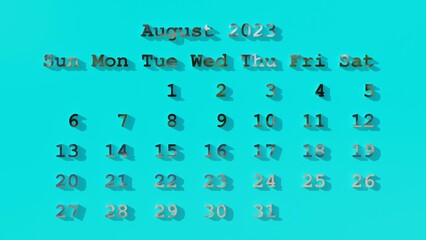 August 2023 monthly calendar with shiny metalic letters with a color representing the season (3D rendering)
