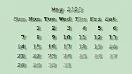 Naklejka na ściany i meble May 2023 monthly calendar with shiny metalic letters with a color representing the season (3D rendering)