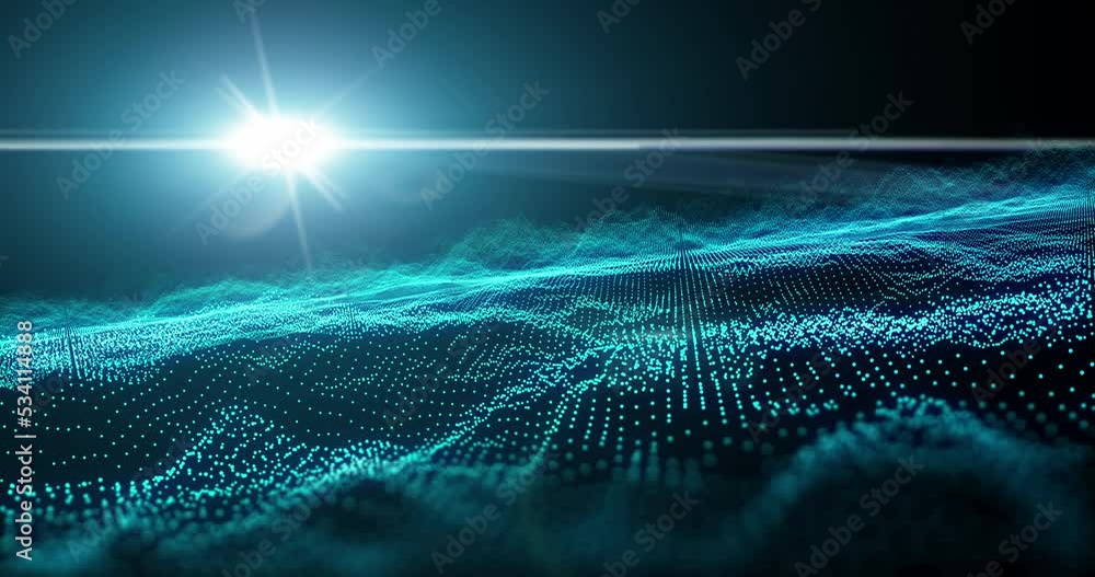 Aufkleber 3d, futuristic and wave vibration with shining light for technology, cyberspace and metaverse spectrum background. Oscilloscope, big data and information technology ai code and virtual reality dots