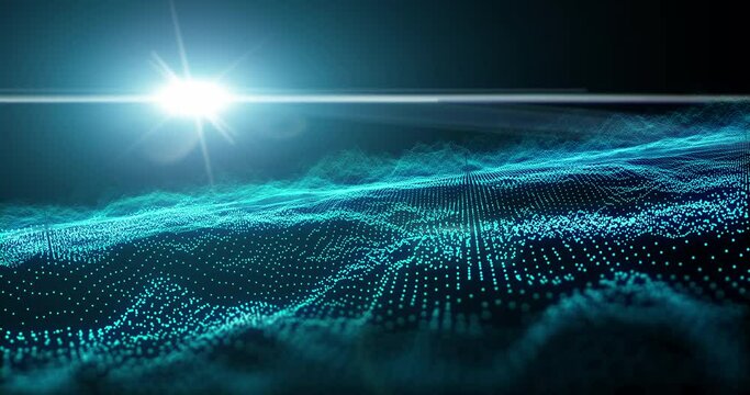 3d, futuristic and wave vibration with shining light for technology, cyberspace and metaverse spectrum background. Oscilloscope, big data and information technology ai code and virtual reality dots