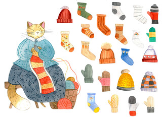 Watercolor illustration set isolated on white background. Character design cat knitting a scarf. Knitewear set with scarf, hats, mittens and socks. Illustration for design.