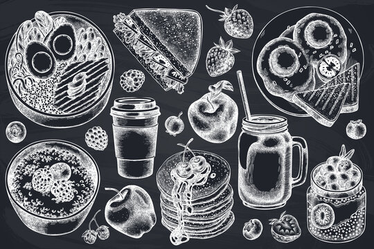 Breakfast hand drawn vector illustrations collection. Chalk sandwich, pancakes, bowl with avocado, porridge with berries, chia pudding, fried eggs, raspberry, blueberry, strawberry, apples, paper cup