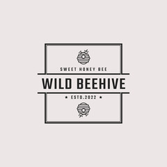 Vintage Retro Badge Emblem Honey Bee Hive Logo Design Linear Style. Vector Illustration