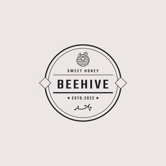 Vintage Retro Badge Emblem Honey Bee Hive Logo Design Linear Style. Vector Illustration