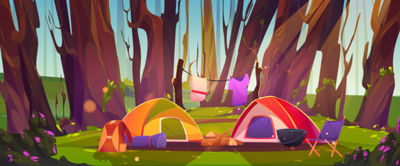 Camping tents with campfire and tourist stuff at forest field. Traveler halt with chair, drying clothes, logs and rucksack on nature landscape with trees. Summer travel cartoon vector illustration