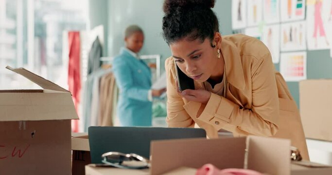 Fashion, small business and manager on a phone call about stock inventory, logistics and retail store clothes. Boss, entrepreneur and woman busy working on a clothing checklist on a laptop in a shop