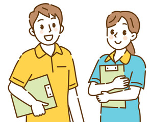 ポロシャツを着た介護士の若い男女二人