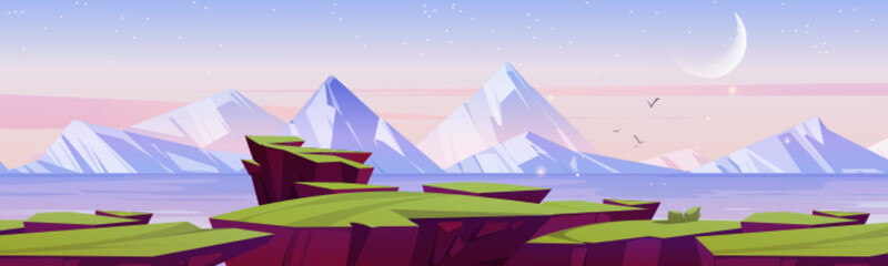 Cartoon nature landscape, early morning at mountain lake with rock cliff and green grass under pink sky with crescent and flying birds. Picturesque scenery tranquil background, Vector illustration