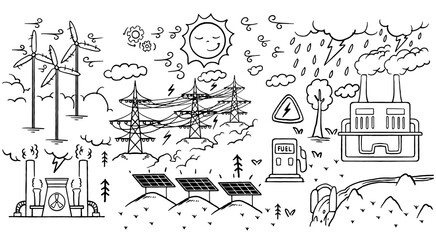 Obraz premium Hand drawn ecology doodle icon set of renewable energy isolated on white background.