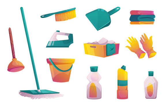 Set of household equipment and tools. Scoop, cleaning brush and linen in box, liquid soap, detergent bottles, plunger, mop, rubber gloves, iron and bucket isolated Cartoon vector illustration, icons