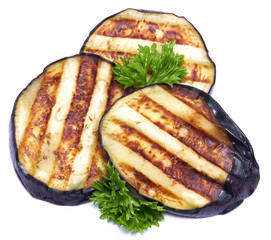 Slices of eggplant roasted on a grill with stripes from a grill isolated on white background