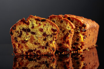 Cake with raisins and candied fruit on a black background.