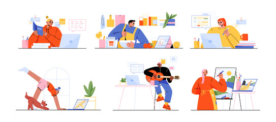 Characters watch video courses, online education concept. People learn via internet cooking, painting, business, yoga and music classes on laptop. Distance learning, webinars. Line art flat vector set