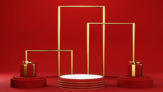3D render of Animated red blank podium for placing products and gift boxes red tones for Christmas, New Year, Valentine's Day, birthday.