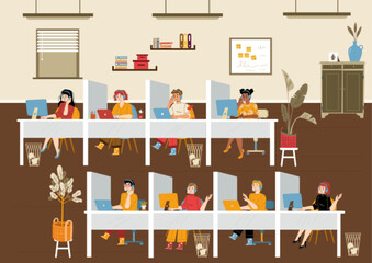 Customer support service operators work at call center office interior. Men and women in headset sitting at desks provide online help to clients via internet Cartoon linear flat vector illustration
