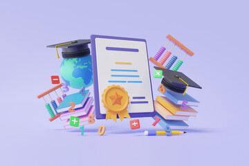 3D render graduation certificate diploma concept with graduation cap and book floating on pastel background quality courses exam education information warranty knowledge document assurance guarantee. - obrazy, fototapety, plakaty