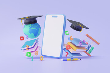 Online education via mobile phone with graduation cap and book arithmetic basic floating on pastel background quality courses exam information warranty knowledge document, cartoon minimal. 3d render - obrazy, fototapety, plakaty
