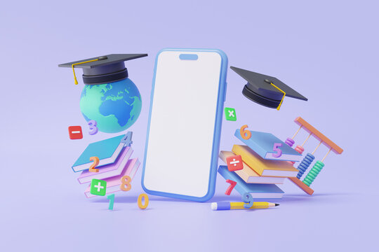 Online education via mobile phone with graduation cap and book arithmetic basic floating on pastel background quality courses exam information warranty knowledge document, cartoon minimal. 3d render