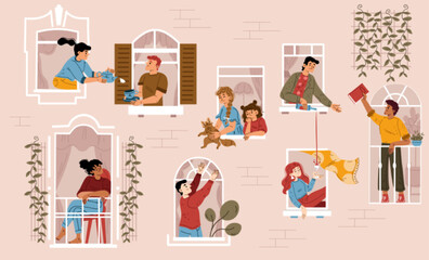 Neighbors communication, neighborhood, coliving, mutual help concept with friendly people in windows. Men and women at their home apartments chatting, relax, Cartoon linear flat vector illustration