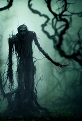 Scary tree roots monster fear and horror concept. character design. 3d illustration