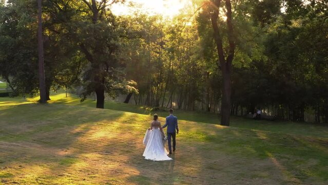 Newlywed couple walking towards sunset in forest, light filling scene.
