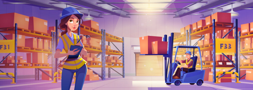 Warehouse workers, woman wear uniform with clipboard in hands and loader on forklift at storehouse interior with boxes on racks. Provider control orders, freight storage, Cartoon vector illustration