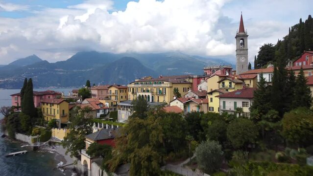 Cinematic drone shot of Lake Como. Beautiful travel and holiday footage