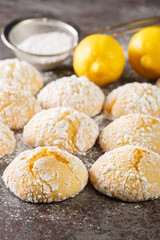 Turkish Limonlu catlak Kurabiye lemon cookies with powdered sugar close-up on the table. Vertical