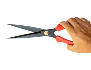 Red pruning shears holding in hand