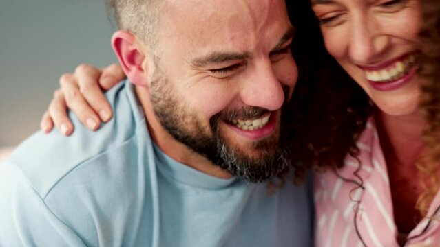 Smile, pregnancy test and happy couple with positive result excited for their family together. Happiness, joyful and pregnant woman celebrating with love and support from her husband with future baby